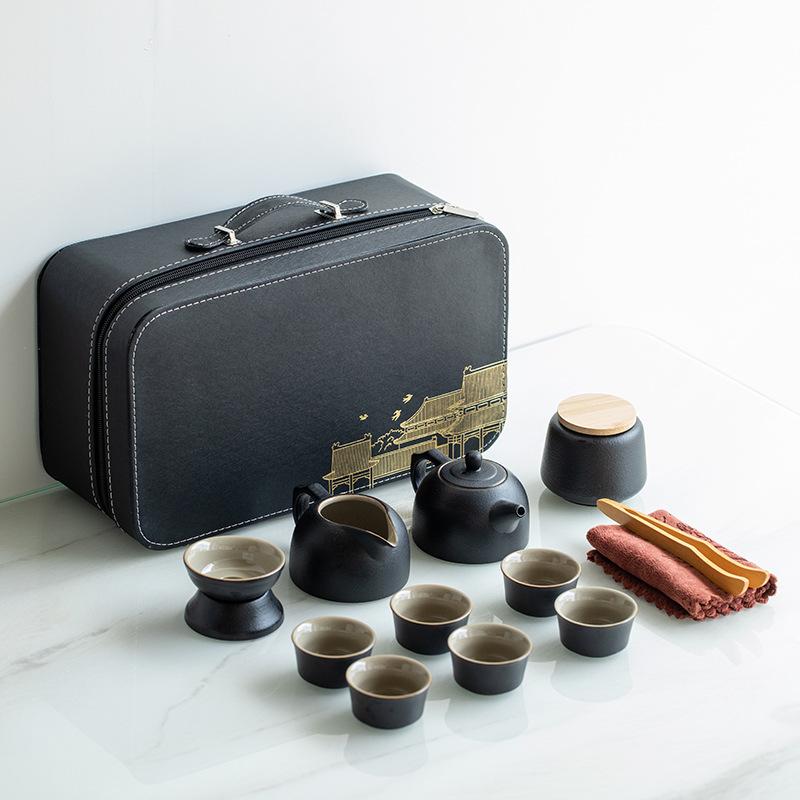 Japanese travel kung fu tea set small set household simple teapot ceramic teacup outdoor tea tray portable bag