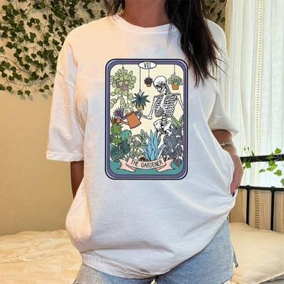 Fashion Women Skeleton and Plant Print T Shirt Funny Casual O-neck Short Sleeves T-shirt Summer Female Tee Shirt