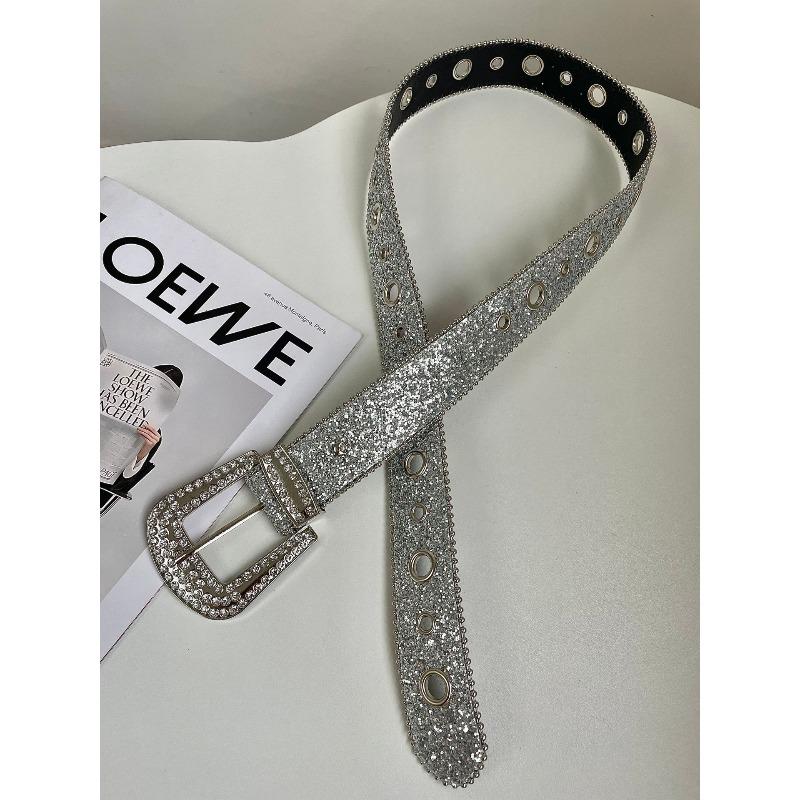 Rhinestone y2k style unique wide belt - fashionable and versatile leather belt 100cm (3.8 wide) серебряный