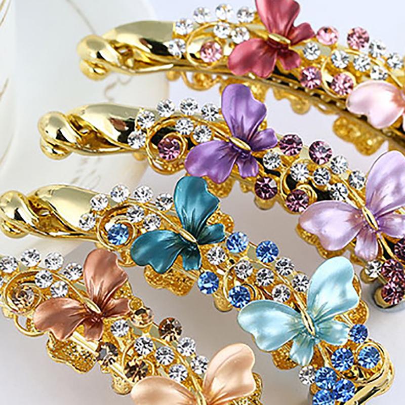 Women Elegant Crystal Diamond Hairpin Resin Butterfly Shaped Banana Hair Clip Claw Ponytail Holder Headwear Barrette