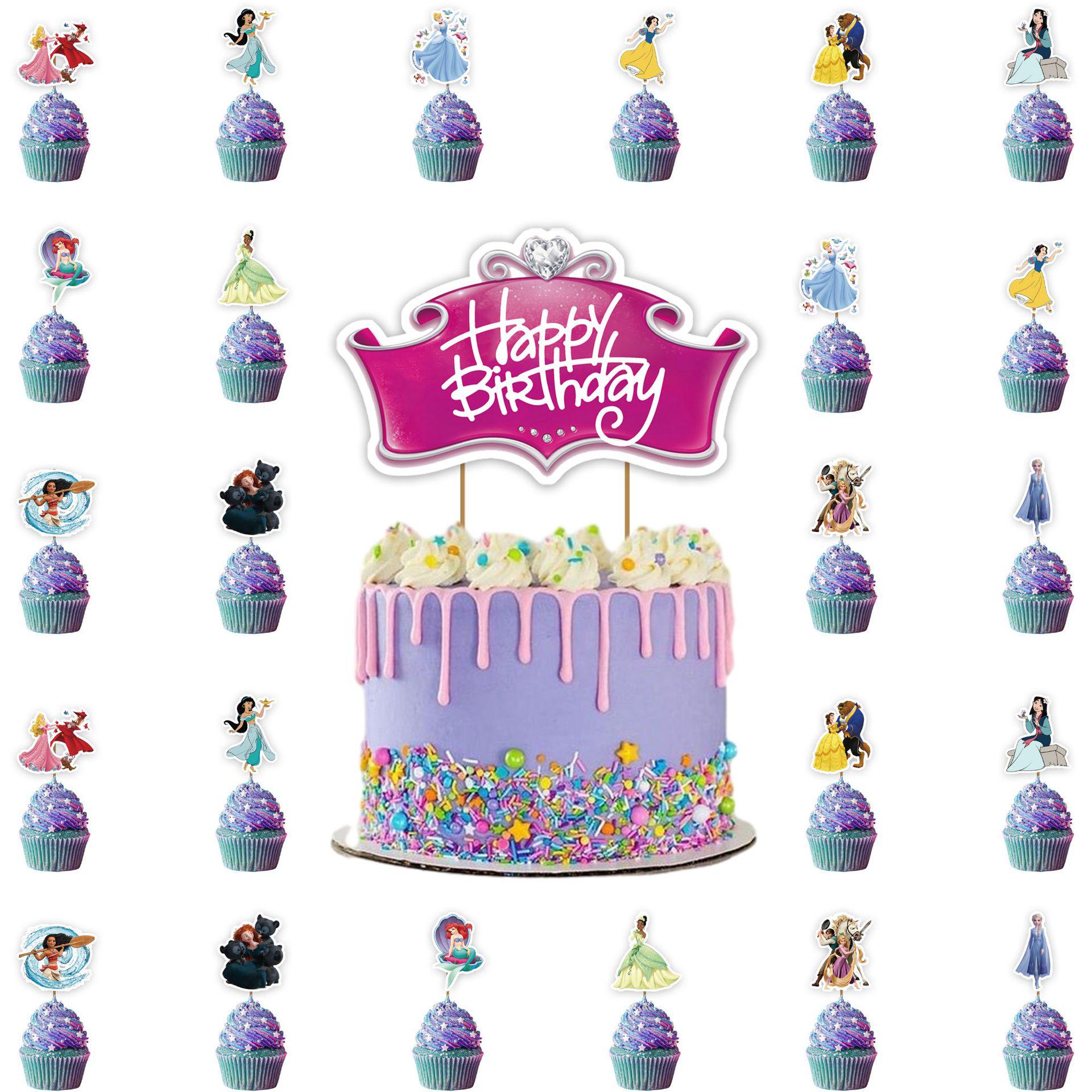 Princess 3rd Birthday Party Scene Decoration Set - Includes Cake Topper and Flag