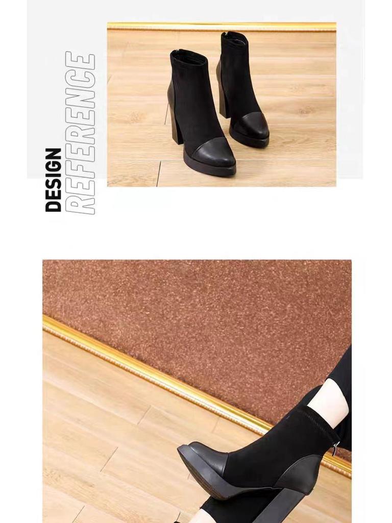 Women's High-Heel Platform Stretch Boots: Autumn/Winter Fashion, Ankle-Length, Thick Sole, Spliced Design.
