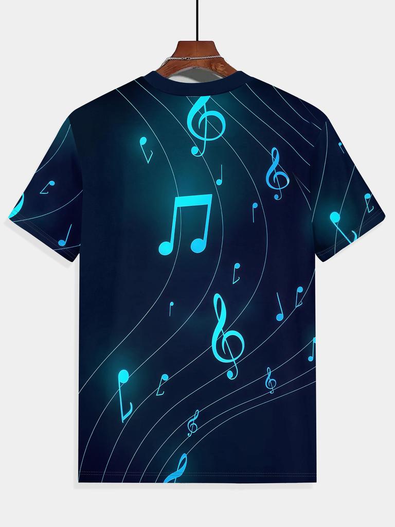 Music Notes 3D Print Men's Round Neck T-Shirt – Stylish Summer Casual Wear for Outdoor Activities, Fitness & Running, Comfortable Everyday Essential,