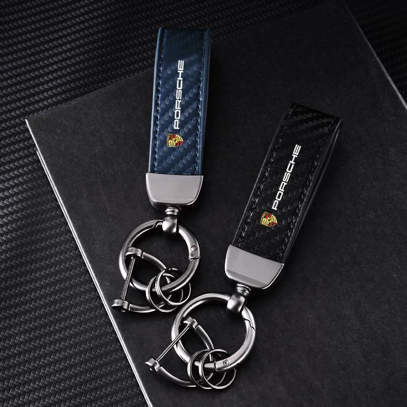 Car Carbon fiber Leather Keychain 3D Emblem Key Ring For Porsche Panamera Cayenne Taycan 911 718 Macan Carrera-GT 928 944 968