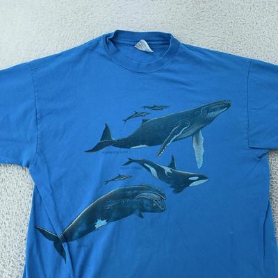 Vintage Whale Shirt M/L Blue Orca Killer Humpback Double Sided USA Nature 90s