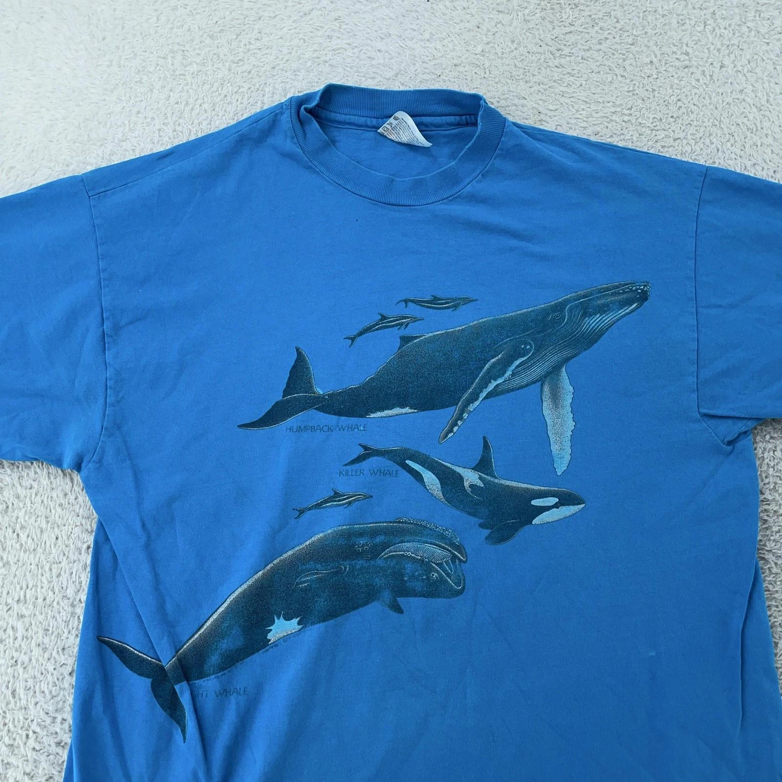 Vintage Whale Shirt M/L Blue Orca Killer Humpback Double Sided USA Nature 90s 3XL