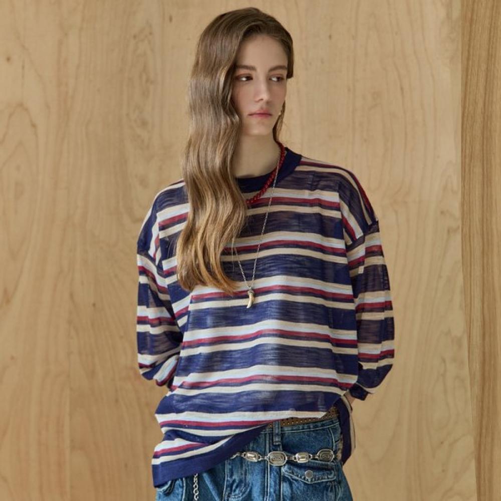 Maxza Multi Color Stripe Sheer Round Neck Knit navy/FREE