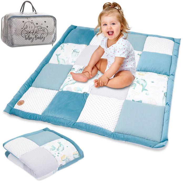 Tapis de pour bébé 100x100 cm Velours - tapis de jeu épais PATCHWORK avec velours animaux aquatiques