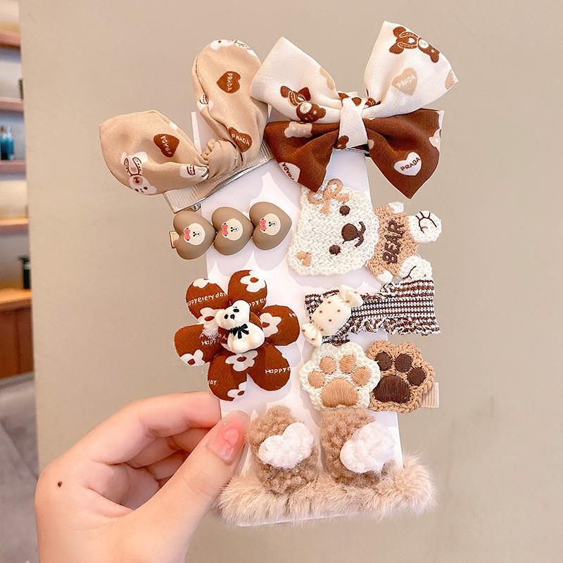 Autumn & Winter Plush Bear Hair Accessories: Cute Milk Coffee Wool Flower Butterfly Hairpin for Children