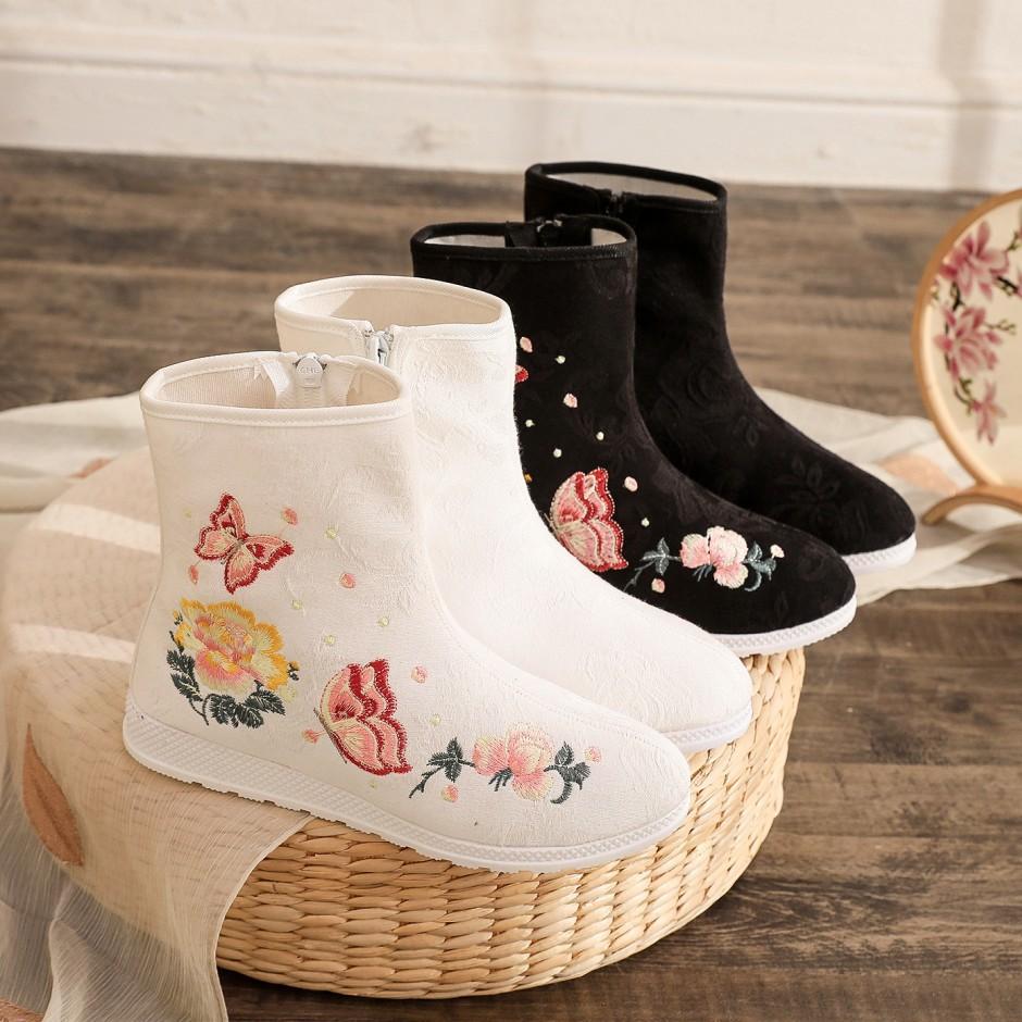 Zimní teplé boty Dámské ležérní protiskluzové plyšové fleecem podšité sněhule s bočním zipem Dámské vyšívané kotníkové boty s podšívkou z umělé kožešiny
