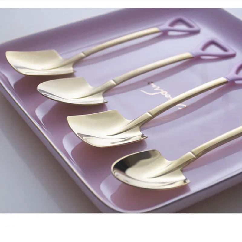 Kuchyňské náčiní Vícebarevná lžíce Železná Tvar katalpy Retro Roztomilá Čtvercová hlava Dětská lžíce Nerezová ocel Lopatka Lžičky na zmrzlinu