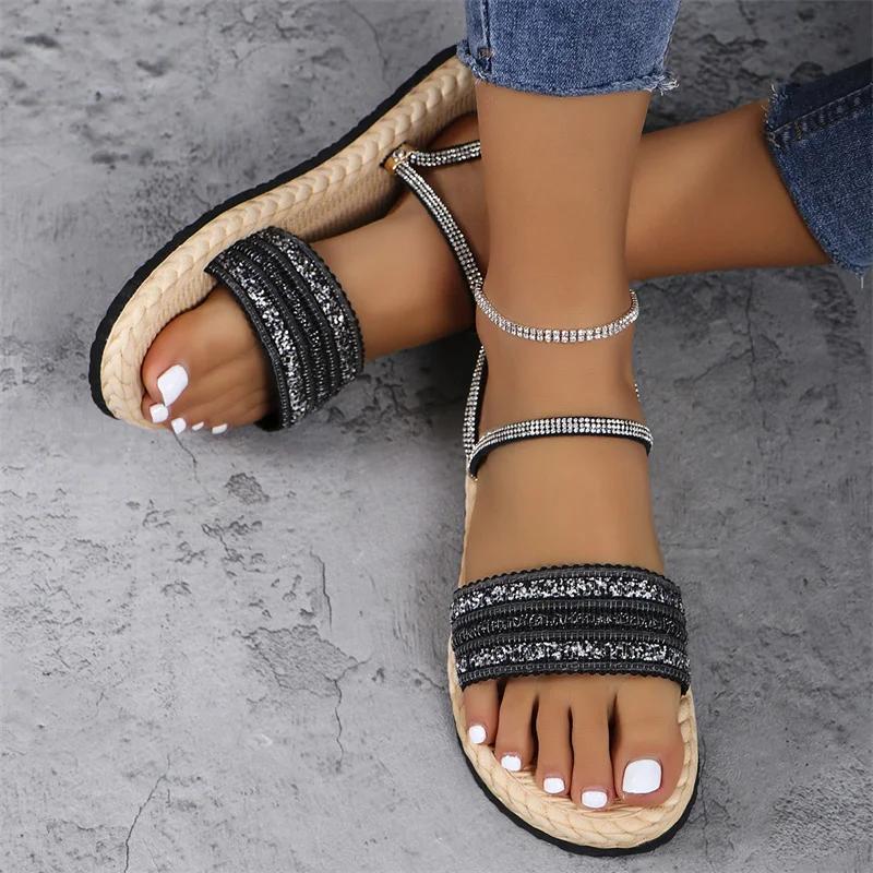 

2024 Новые летние модные удобные и повседневные женские тапочки на мягкой толстой подошве со стразами и плоской подошвой, износостойкие 36 чёрный