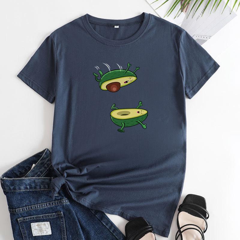 Seasonal Round Neck Avocado Pattern Printed Top Fashionable Casual Short Sleeved Women's Pure Cotton T-shirts