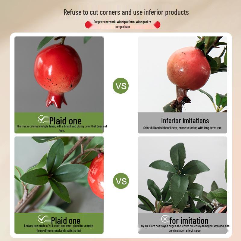 High-End Artificial Pomegranate Flower & Fruit Tree Branch Arrangement for Living Room or Dining Table Decor.