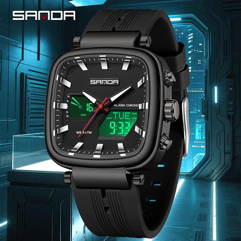 SANDA 6282 Fashion Luxury Men's Electronic Watch Dual Monitor Sports Waterproof Night Light Men's Electronic Watch