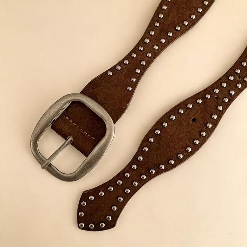 Retro Western Suede Belt With Rivet Detailing Wide 3.8cm Punk Style Waistband Women Alloy Pin Buckle Vintage Distressed