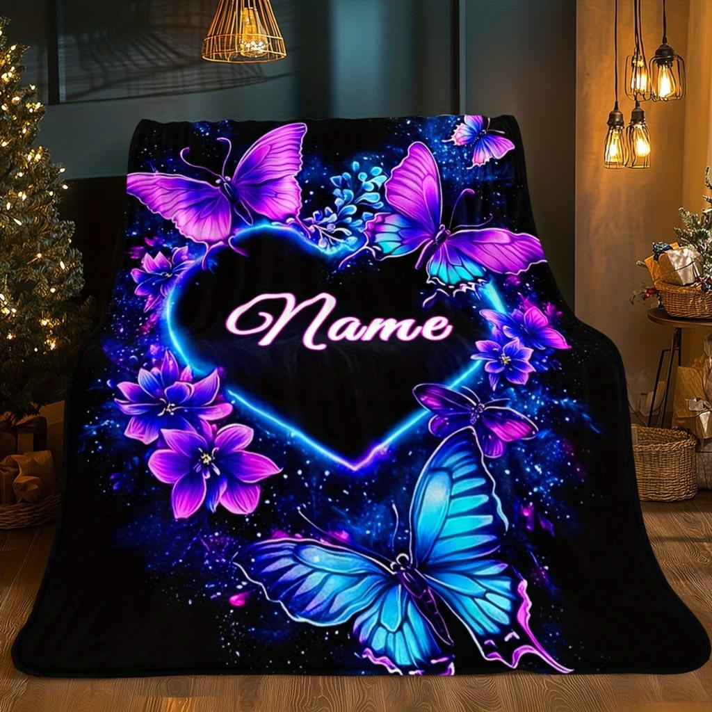 Neon Purple Blue Butterfly Heart Flannel Throw Blanket Personalized Floral Butterfly Sofa Bed Blanket
