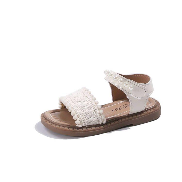

Girls Sandals 2-12 Years Old Beige Open Toe Pearl Flat Girls Single Shoes Summer New Brown Children s Fashion Sandals Kids Shoes 23
