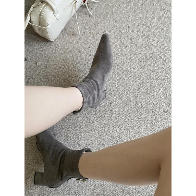 2025 autumn new square head thick heel high heel temperament French fashion suede sexy beautiful women short boots