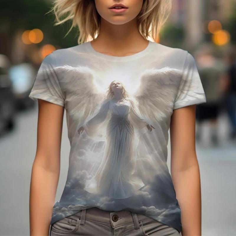 T-shirt da Donna con Stampa 3D Modello Angelo Estivo Moda Scollo a O Manica Corta T-shirt Y2k Harajuku Magliette Top Casual Abbigliamento Femminile