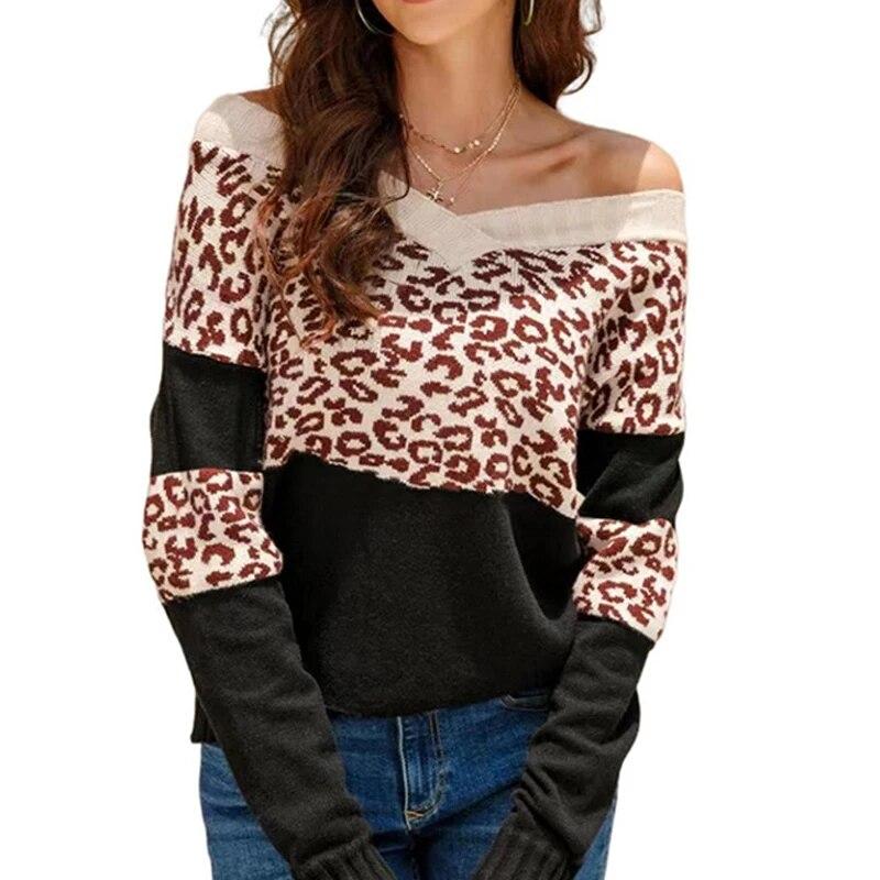 Pulover cu imprimeu de leopard de modă Toamnă Sexy Pulovere cu umăr dezactivat Haine largi de iarnă Topuri tricotate calde cu fundul 29446