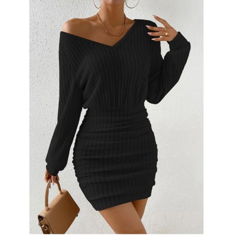 Small Autumn and Winter New V-neck Fashion Solid Sanding Sunken Stripe Double Purpose Method Slim Fit Sheath Long Sleeve Dress Women