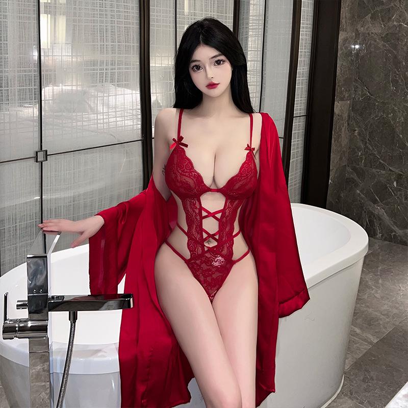 Seductive Lace Bodysuit & Nightgown Set: Tempting Hollow Design