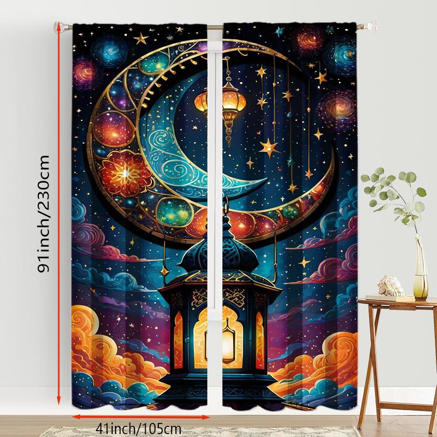 2PCS Starry Sky Crescent Exotic Lantern Curtains   Mysterious Style   Bedroom and Living Room   Drawbar Pocket Decorative Curtains