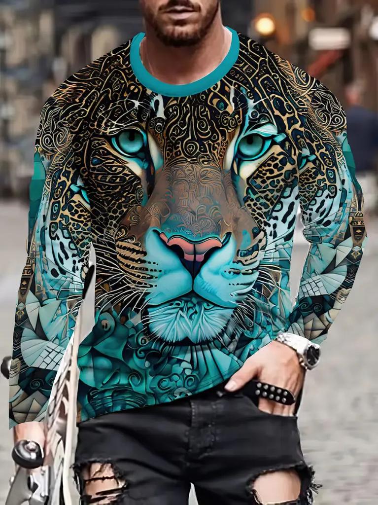 T-shirt a maniche lunghe da uomo Autunno Nuovo Stampa 3d Grafica Animale Leopardo T-shirt Primavera Casual Hip Hop Top Uomo Abbigliamento Oversize