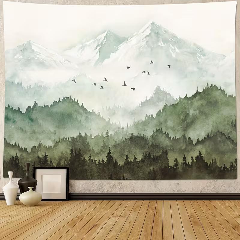 2D Misty Mountain Forest Tapestry Watercolor Green Wall Decor Banner 47.2x31.5inch/120*80cm