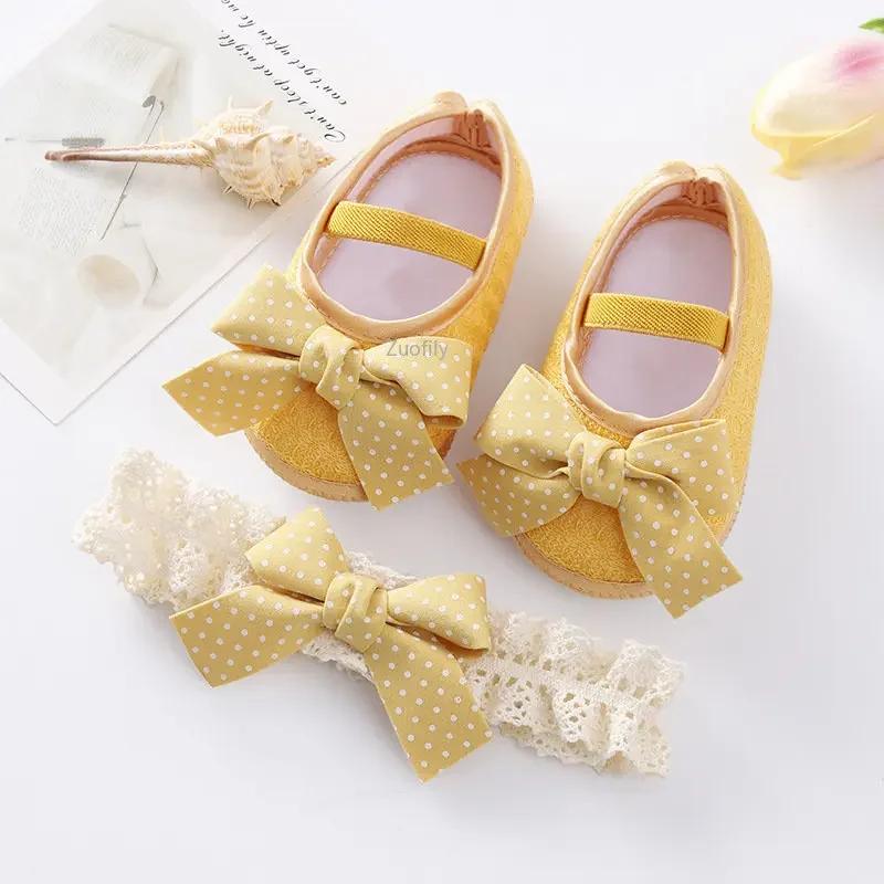 Spring Infant Baby Girl Shoes Newborn Lace Flowers Headband Anti-Slip Soft Sole First Walkers Toddler Kids Cotton Baptism Shoes