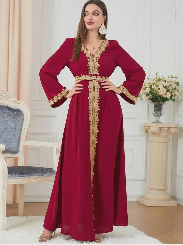 Embroidered Solid Color Maxi Dress with Long Sleeves for Muslim Women