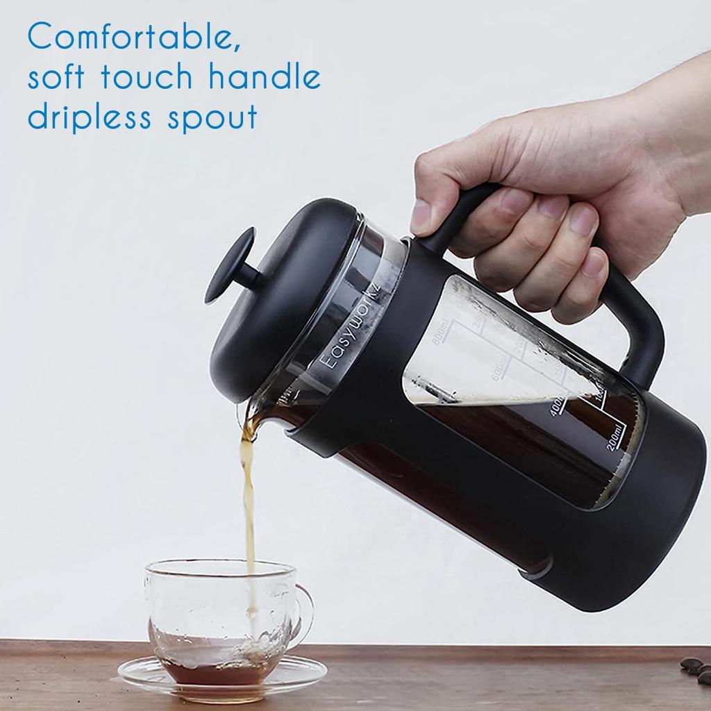 Easyworkz French Press Tepelně odolné sklo Pouze pro kávu a čaj s měkkou rukojetí 1000 ml (8 šálků) Černá