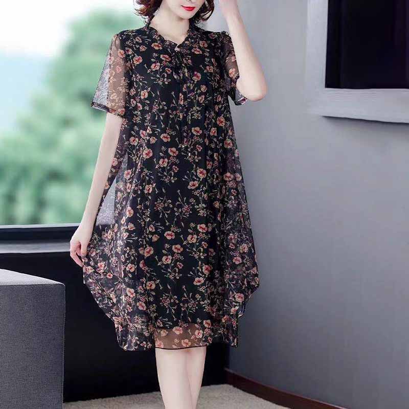 Women's Oversized Dress Printing Round Neck Short Sleeved Loose Mesh Dress Mid Length Simple Commuting Summer