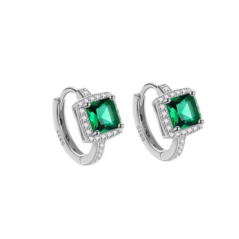 Green Zircon Stud Earrings Women Vintage Style Geometric Square Design Sterling Hypoallergenic 925 Sterling Silver