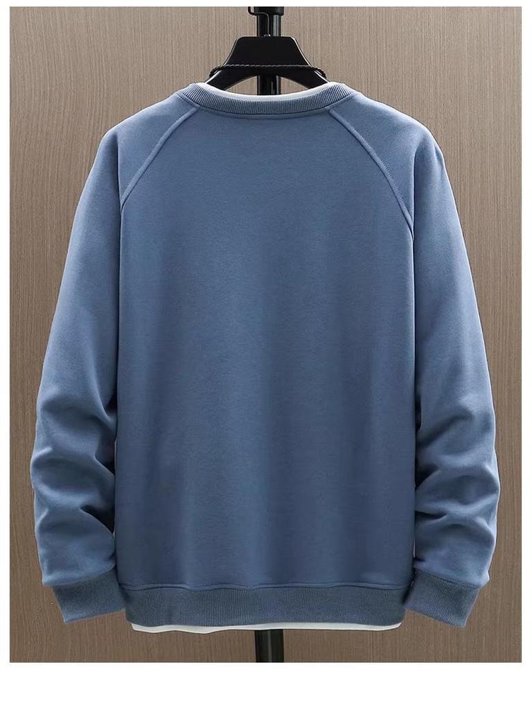 Trendy Men's Solid Color Round Neck Sweatshirt: Stylish, Comfortable, Loose Fit, and Fake Two-Piece Design for Autumn/Winter.