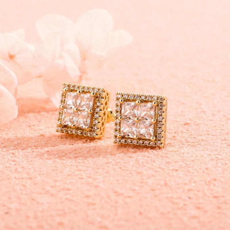 Hip Hop Square Threaded Earrings Men Full Zircon Stud Gold Plated Copper Ear Jewelry