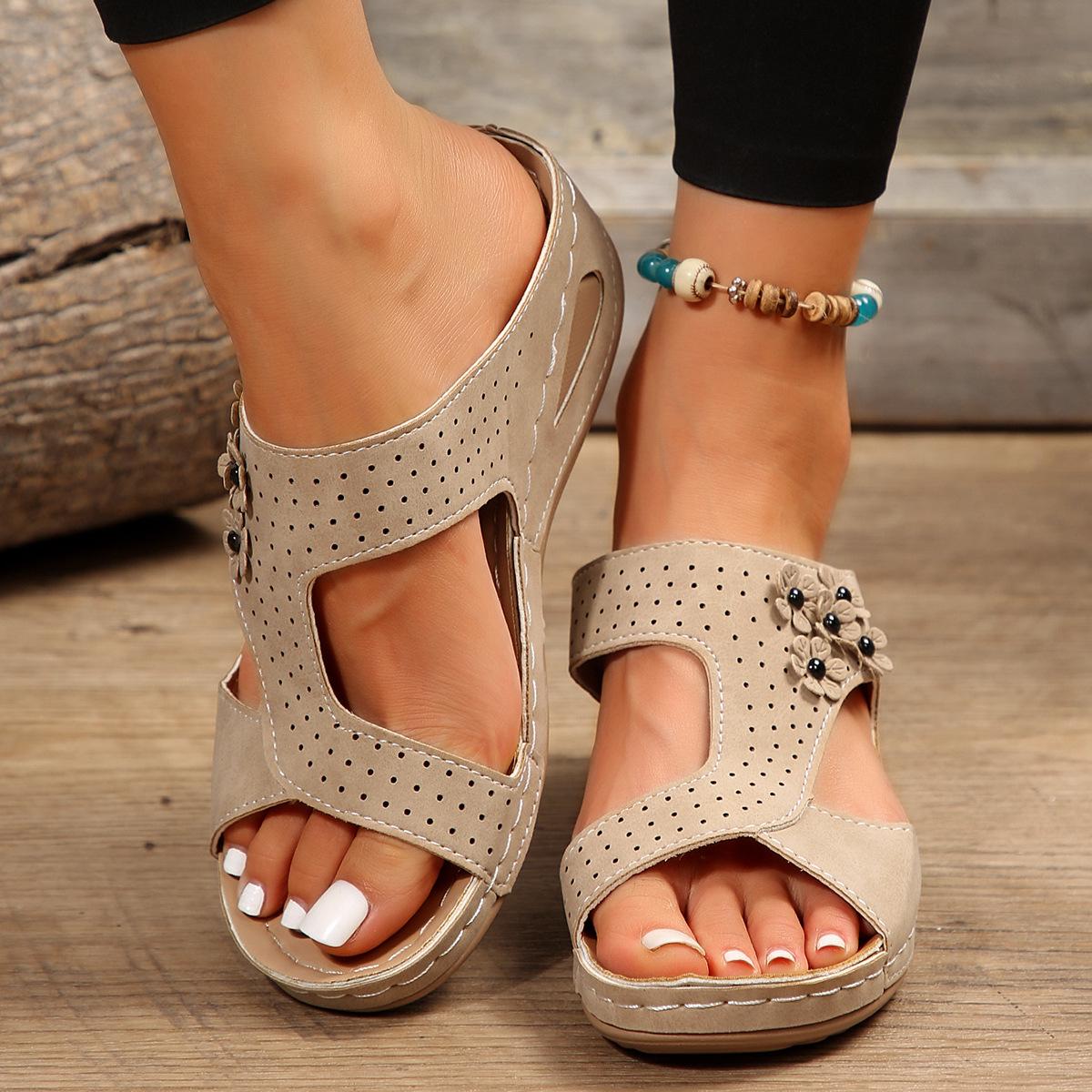 2024 Summer Plus Size Wedge Sandals: European & American Style, Thick-soled with Floral Design 41 хаки