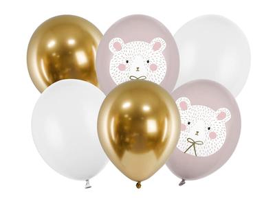 Partydeco Zestaw Balonów Biały Złoty Różowy 30 Cm Miś Polarny  6 Szt