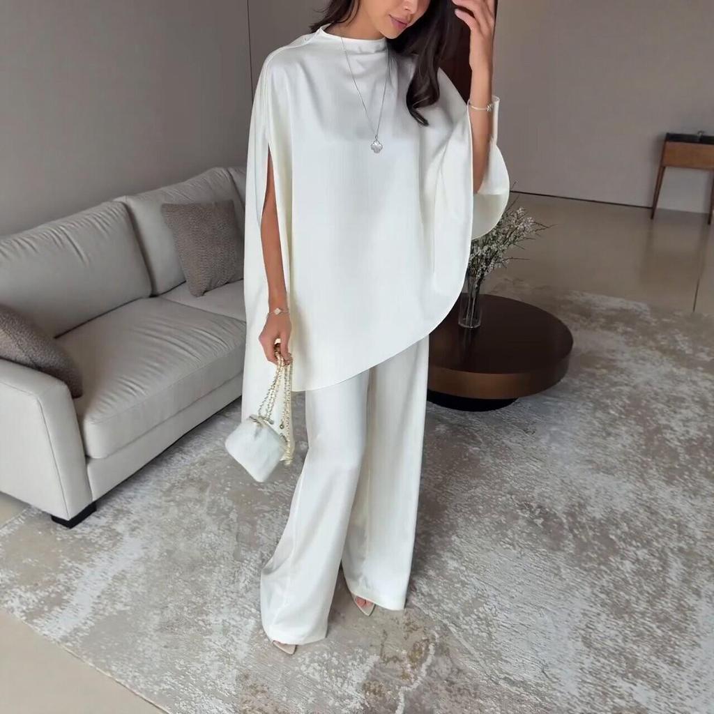 2026 Spring White Wide-Leg Pants Suit: Casual Two-Piece with Irregular Design