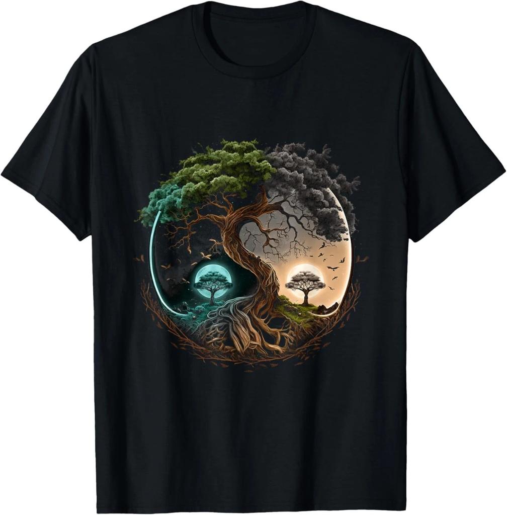 Strom Život Yin Yang Měsíc Slunce Den a Noc Bonsai Japonské Tričko