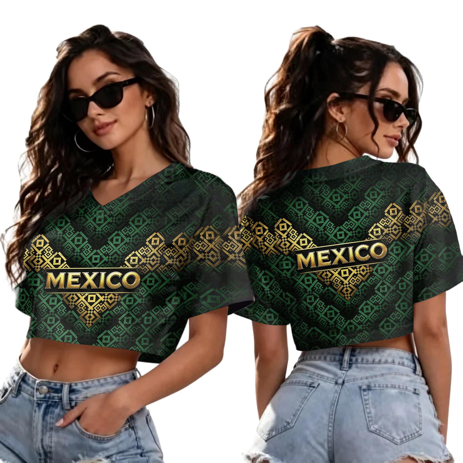 Women s Mexico Print V-Neck Short Sleeve T-Shirt for Soccer Fans L
