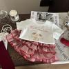 2025 Korean Style Cartoon Print T-shirt & Gingham Skirt Set for Girls - Summer Trendy Two-Piece Children's Clothing
