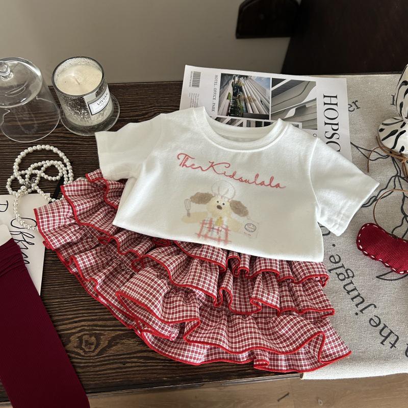 2025 Korean Style Cartoon Print T-shirt & Gingham Skirt Set for Girls - Summer Trendy Two-Piece Children's Clothing