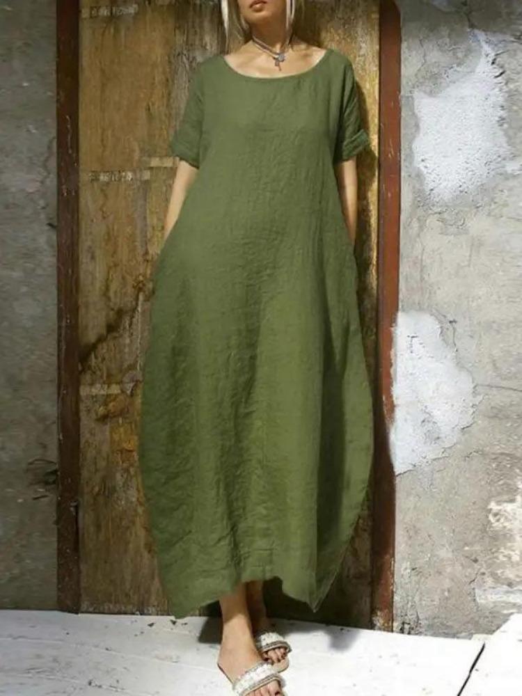 Women's Casual Dresses - Women's Cotton Linen Dress Loose Fit Round Neck Slit Belted Design Round Neck Short Sleeved Loose Dress