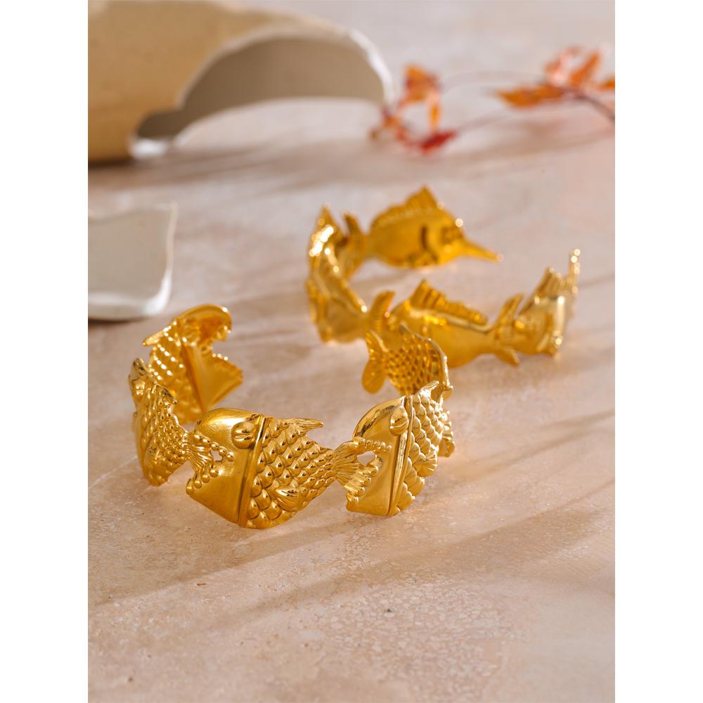 Eetit Adjustable 18K PVD Plated Metal Fish Shark Cuff Summer Bracelet Bangle Stainless Steel Beach Holiday Golden Jewelry
