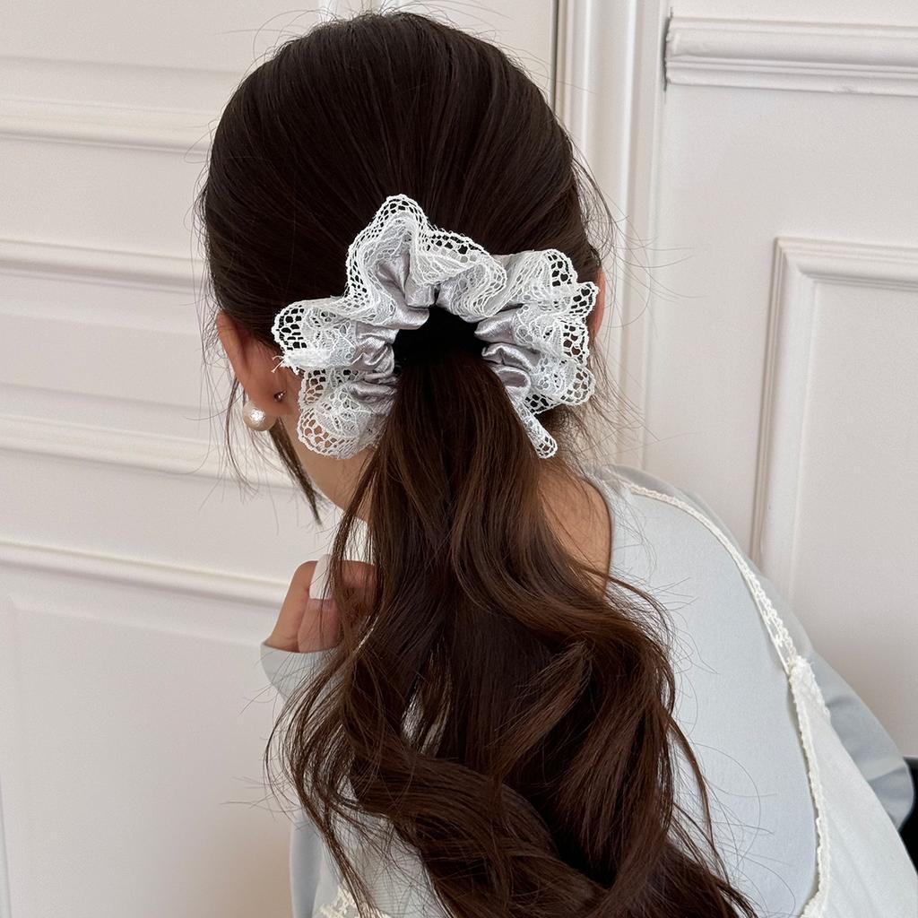 Silver Glossy Fabric Hair Band Retro Square Scarf Bow Lace Edge Large Intestine Ring Texture Hair Accessories New Headband Adult