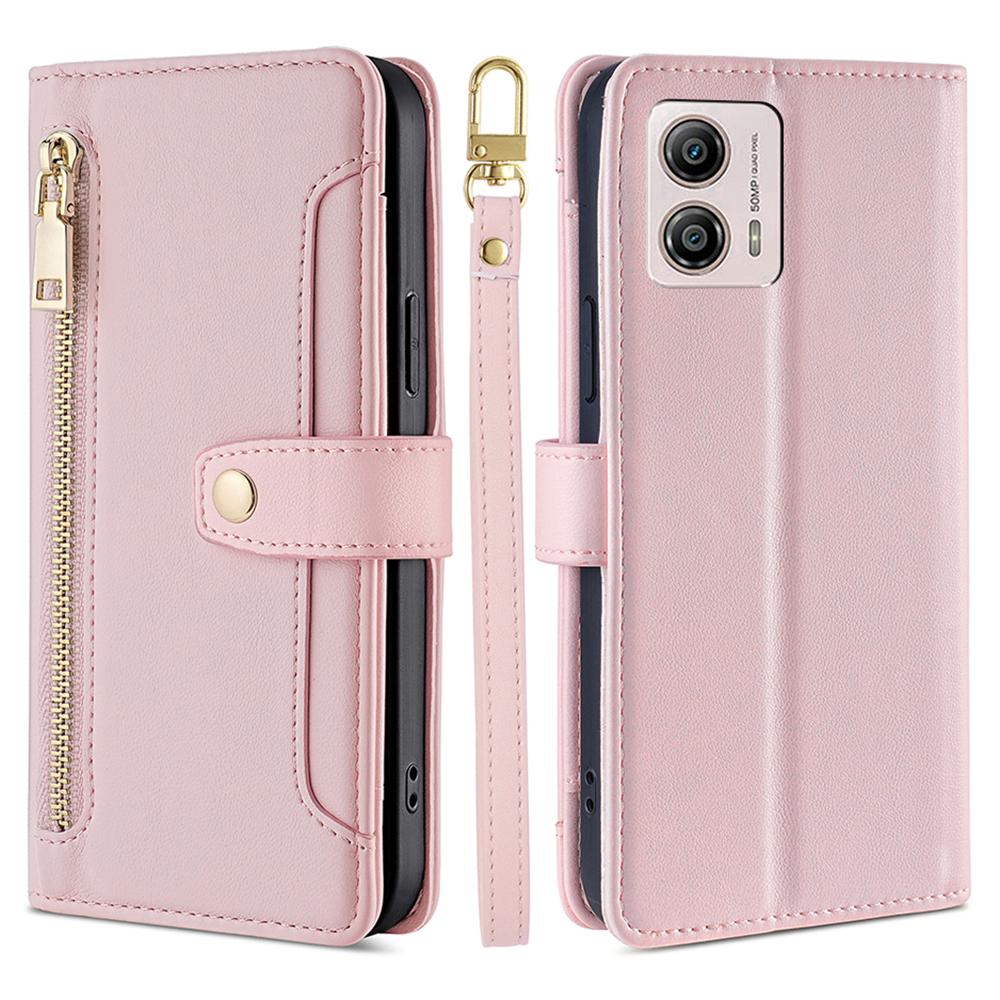 

For Motorola Moto G53 5G/G23 4G/G13 4G Leather Phone Case Card Slots Zipper Pocket Stand Flip Cover Pink