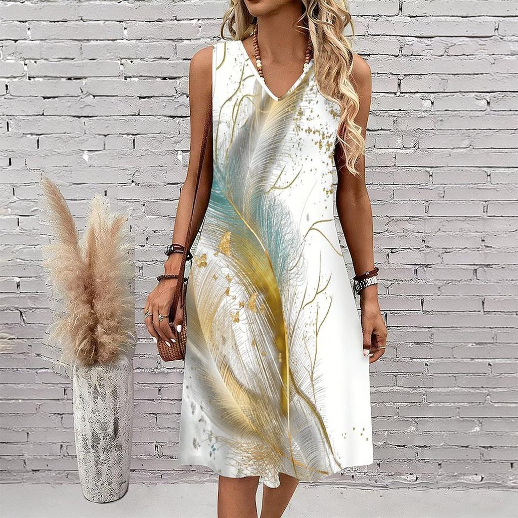 Plus Size V Neck Sleeveless Dress Cloudy Mountain Waterfall Art Print For Scenic Mountain Journey