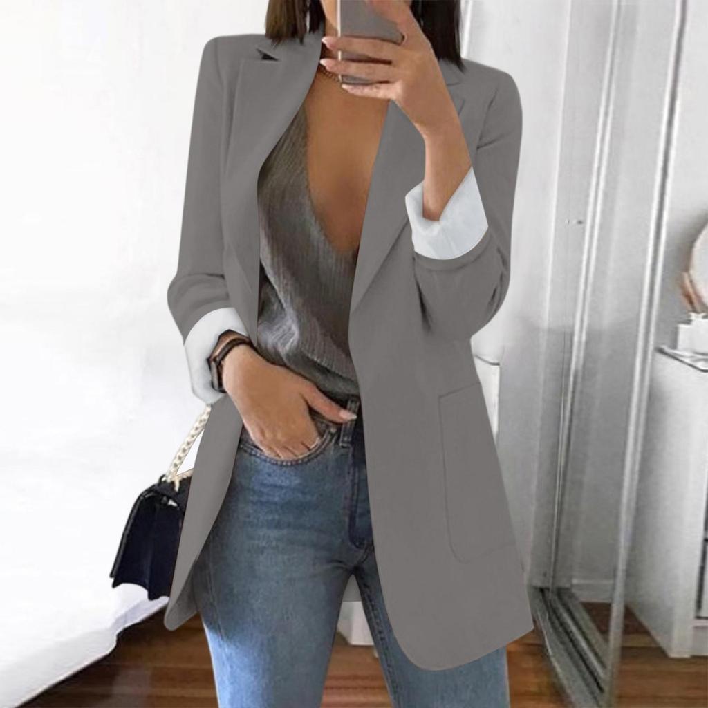 Women Solid Open Front Pockets Cardigan Formal Suit Long Sleeve Blouse Coat